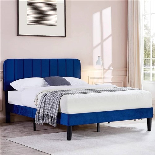 Queen Size Blue Upholstered Platform Bed Frame with Headboard