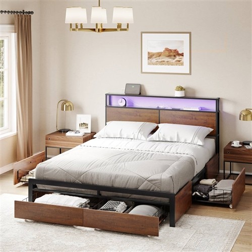 Queen Size Black Metal Platform Bed Frame with Brown Wood Headboard, 4 Storage Drawers, LED Lights and Outlets
