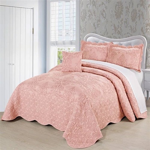 Queen Size Pink Dust Damask Embroidered Oversized 4 Pc Bedspread Set