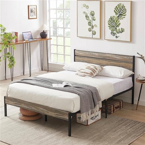 Queen Size Black Metal Platform Bed Frame with Rustic Headboard