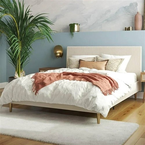 Queen Size Mid Century Cream Velvet Upholstered Platform Bed Frame with Headboard