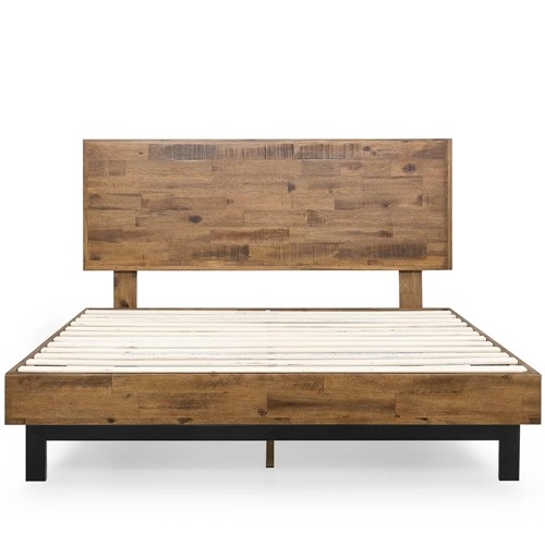Queen Size Solid Rustic Wood Platform Bed Frame with Adjustable Height Headboard
