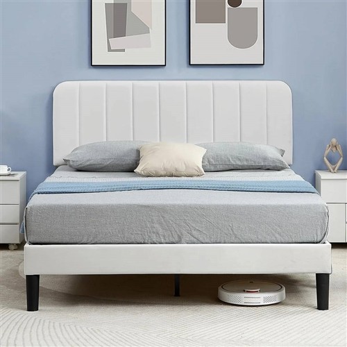 Queen Size White Upholstered Platform Bed Frame with Headboard