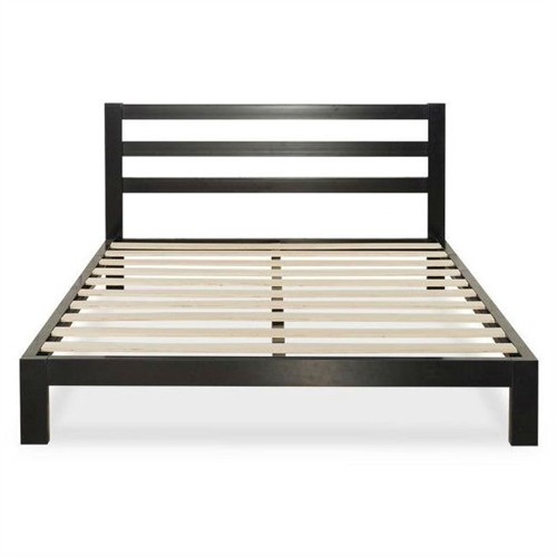 Queen Size Black Metal Platform Bed Frame with Metal Headboard and Wood Slats