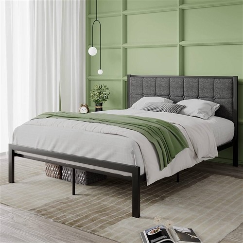 Queen Size Black Metal Platform Bed Frame with Grey Upholstered Button Tufted Headboard