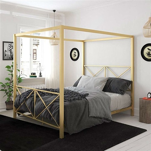 Queen Size Gold Metal Canopy Bed Frame with Headboard and Footboard