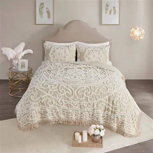 Queen Size Taupe 100% Chenille Cotton 3 Pc Bedspread Set with Fringed Hem