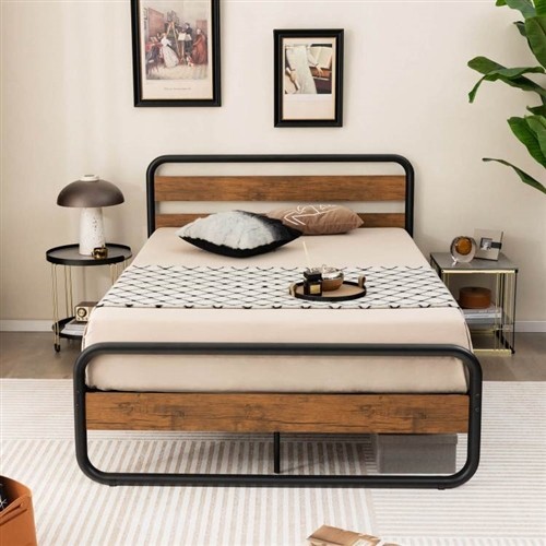 Queen Size Industrial Black Metal Tube Platform Bed Frame with Wood Headboard and Footboard