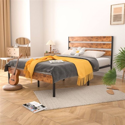 Queen Size Industrial Black Metal Platform Bed Frame with Brown Wood Slatted Headboard and Footboard