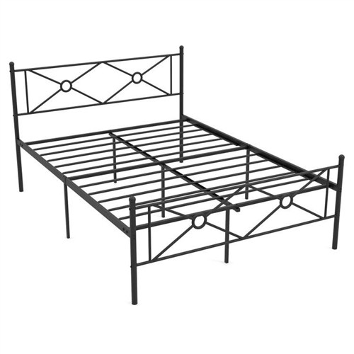 Queen Size Black Metal Platform Bed Frame with Medallion Headboard and Footboard 