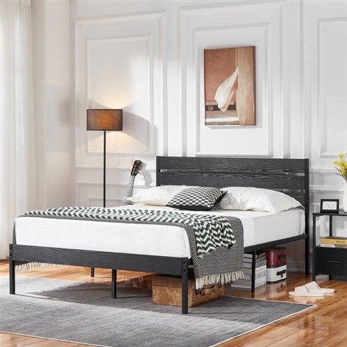 Queen Size Black Metal Platform Bed Frame with Black Wood Slatted Headboard