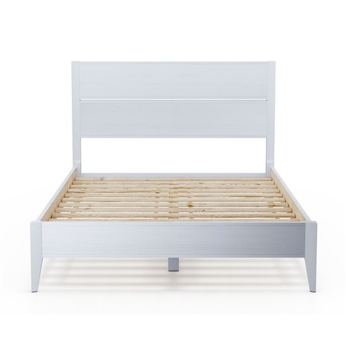Queen Size Mid Century White Wood Platform Bed Frame with Slatted Headboard