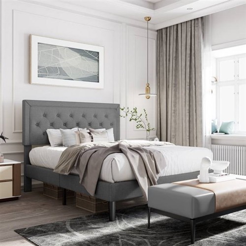 Queen Size Dark Grey Upholstered Platform Bed Frame with Adjustable Headboard