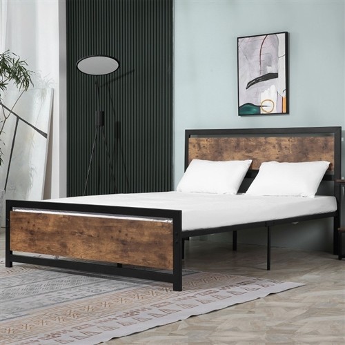 Queen Size Black Metal Platform Bed Frame with Rustic Headboard and Footboard