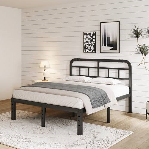 Queen Size Industrial Black Metal Platform Bed Frame with Headboard