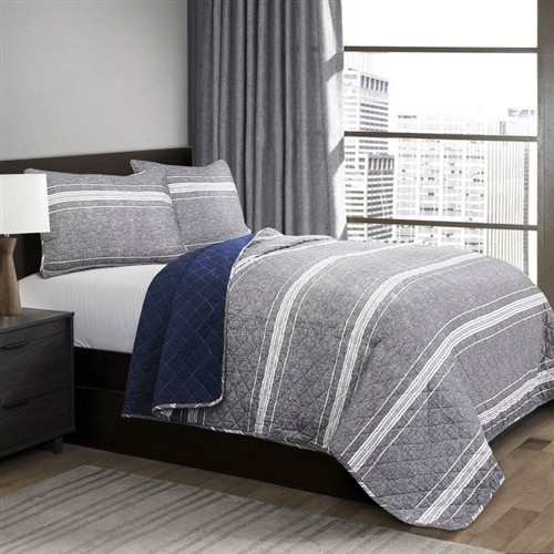 Queen Size Gray & Navy Striped 100% Cotton Reversible 3 Pc Bedspread Set