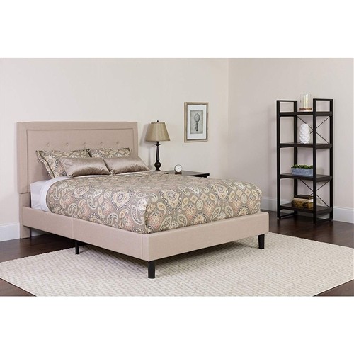 Queen Size Beige Upholstered Platform Bed Frame with Button Tufted Headboard
