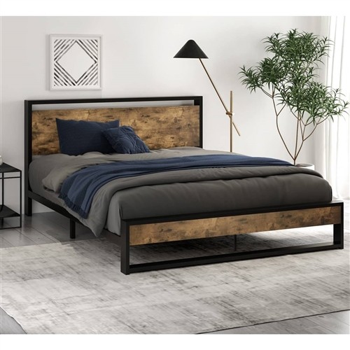 Queen Size Black Metal Platform Bed Frame with Industrial Wood Headboard