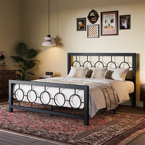 Queen Size Black Metal Platform Bed Frame with Circle Medallion Headboard and Footboard