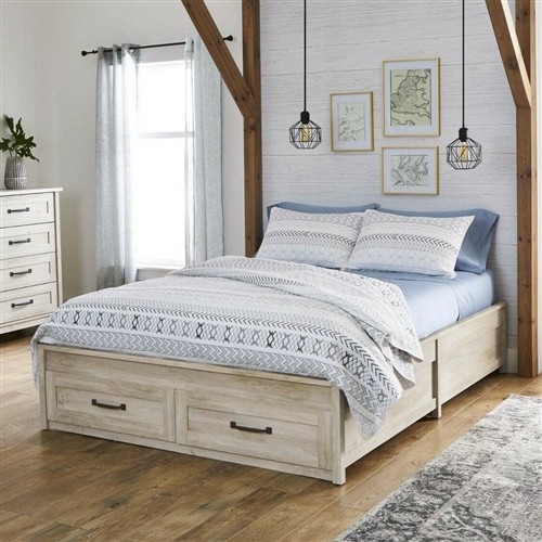 Queen Size Farmhouse Off White Wood Platform Bed Frame with 2 Storage Drawers