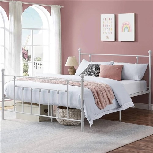 Queen Size Vintage White Metal Platform Bed Frame with Headboard and Footboard