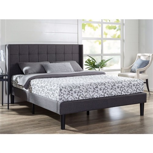 Queen Size Grey Upholstered Bed Frame with Wingback Headboard