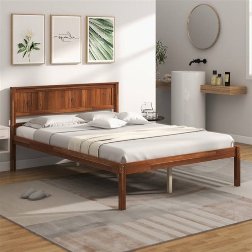 Full Size Retro Walnut Wood Platform Bed Frame with Headboard