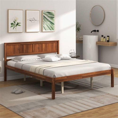 Queen Size Retro Wood Walnut Platform Bed Frame with Headboard