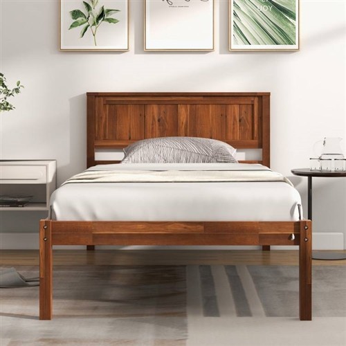 Twin Size Retro Walnut Wood Platform Bed Frame with Headboard