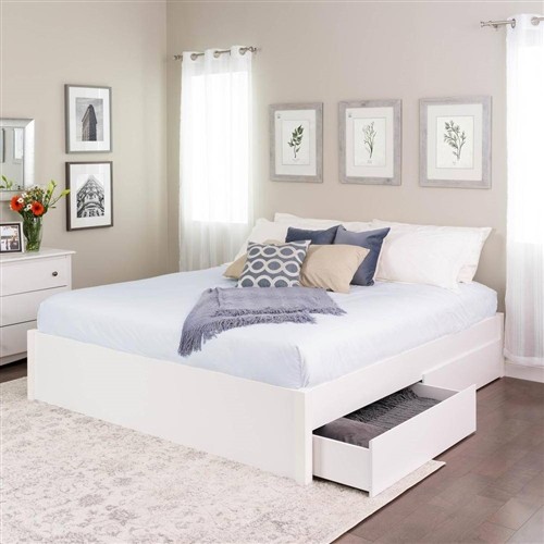 King Size White Wood Platform Bed Frame with 4 Storage Drawers