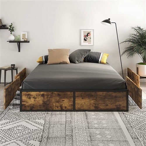 Queen Size Black Metal Platform Bed Frame with 4 Rustic Wood Storage Drawers
