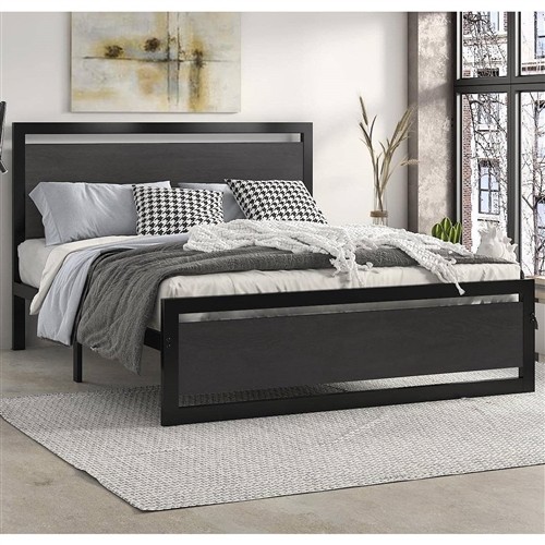 Full Size Black Metal Platform Bed Frame with Black Wood Panel Headboard and Footboard