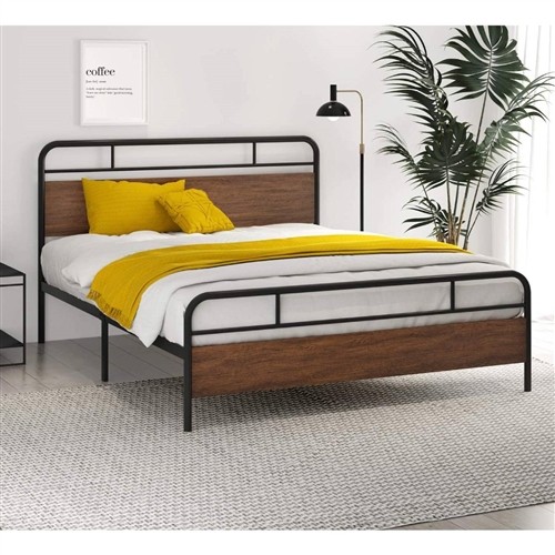 Full Size Industrial Black Metal Platform Bed Frame with Dark Brown Wood Headboard and Footboard