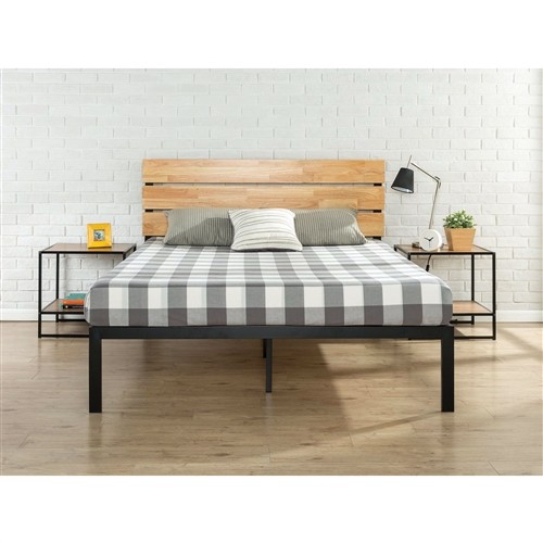 King Size Black Metal Platform Bed Frame with Wood Headboard and Slats