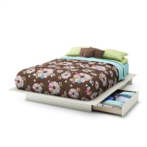 Queen Size White Wood Platform Bed Frame with 2 Storage Drawers
