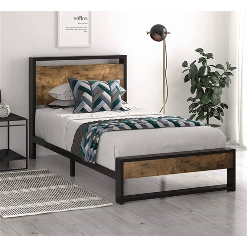 Twin Size Black Metal Platform Bed Frame with Rustic Wood Headboard and Footboard