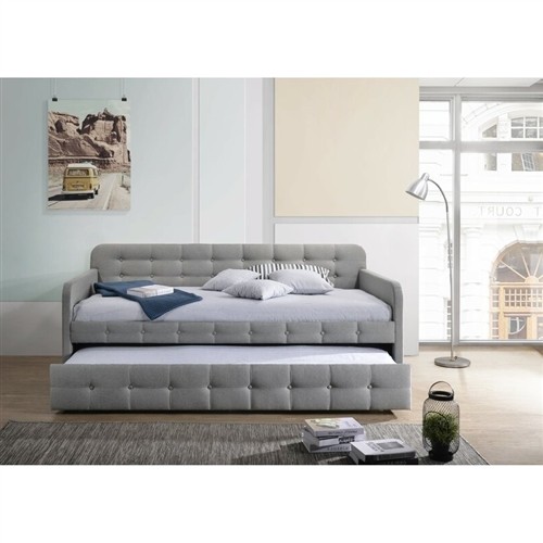 Twin Size Gray Tufted Polyester Upholstered Day Bed Frame with Twin Trundle Bed