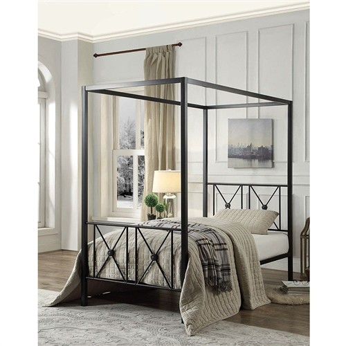 Twin Size Black Metal Canopy Bed Frame with Medallion Accents
