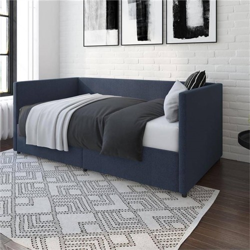 Twin Size Minimalist Navy Blue Linen Upholstered Day Bed Frame with Pull-Out Storage Drawers