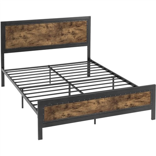 Full Size Black Metal Platform Bed Frame with Rustic Brown Riveted Headboard and Footboard