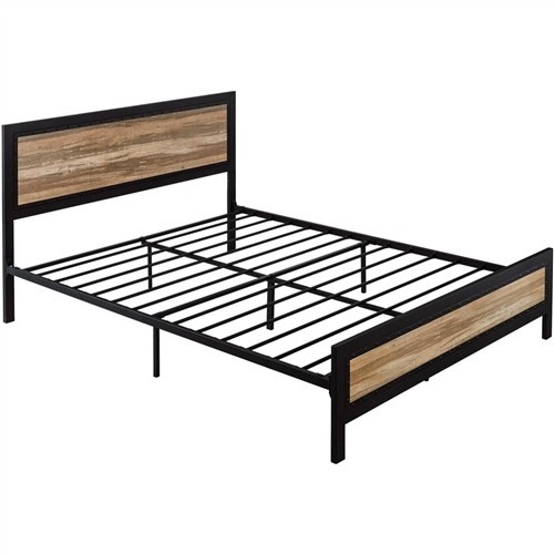 Queen Size Black Metal Platform Bed Frame with Riveted Light Brown Wood Headboard and Footboard