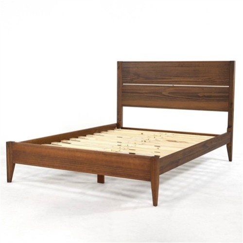 Full Size Rustic Walnut Wood Platform Bed Frame with Slatted Headboard
