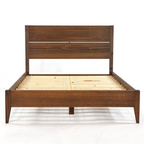 Full Size Rustic Walnut Wood Platform Bed Frame with Slatted Headboard