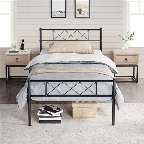 Twin Size Traditional Black Metal Platform Bed Frame with Metal Slatted Headboard and Footboard