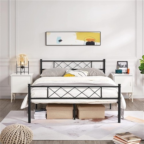 Queen Size Traditional Black Metal Platform Bed Frame with Metal Slatted Headboard and Footboard