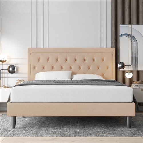 King Size Beige Upholstered Platform Bed Frame with Button Tufted Headboard