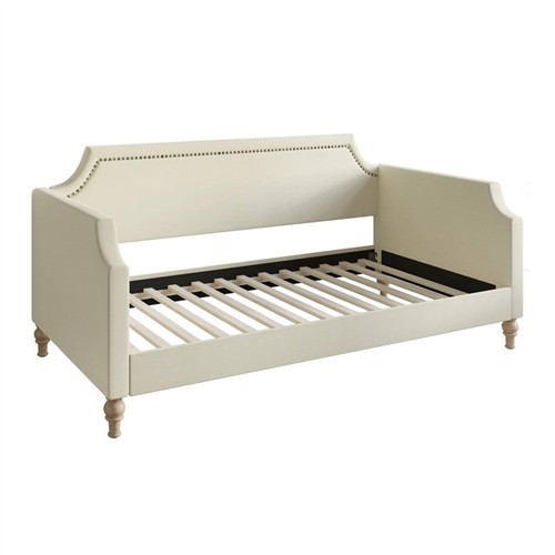 Twin Size Biege Polyester Upholstered Day Bed Frame with Nailhead Trim