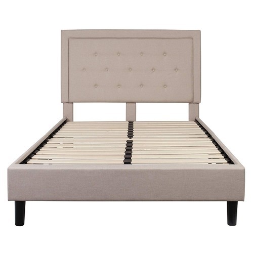 Full Size Beige Upholstered Bed Frame with Button Tufted Headboard