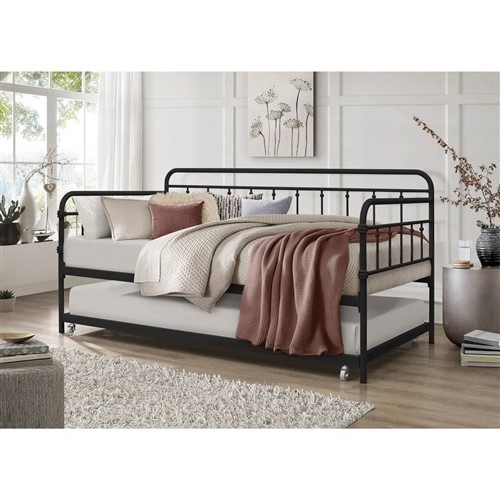 Twin Size Traditional Black Metal Day Bed Frame with Twin Trundle Bed