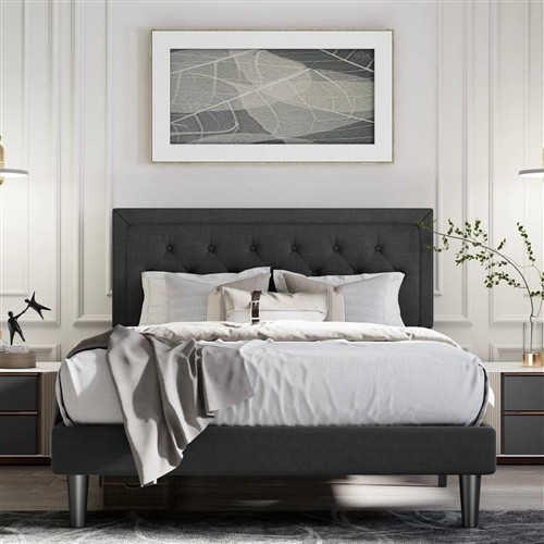 Full Size Black Upholstered Platform Bed Frame with Black Button-Tufted Headboard